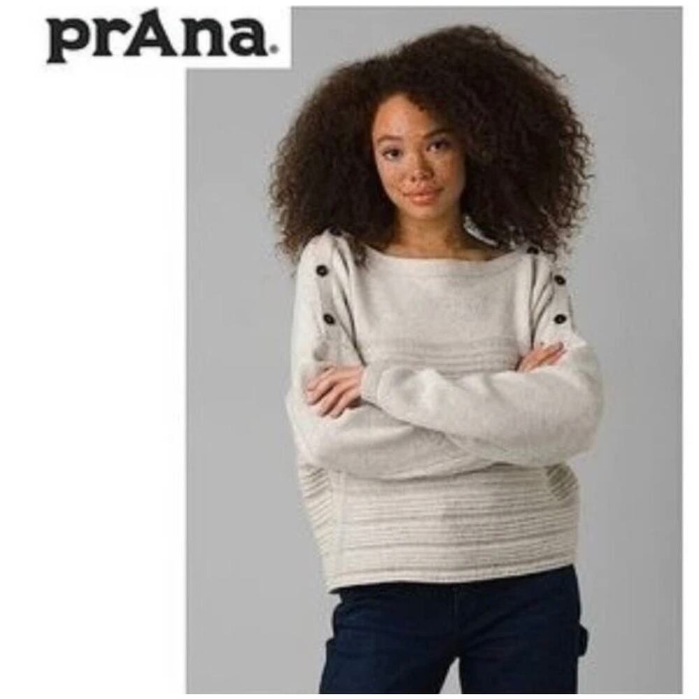 prAna Phono Sweater XL Oatmeal Boatneck Shoulder Buttons Wool Blend Nautical‎
